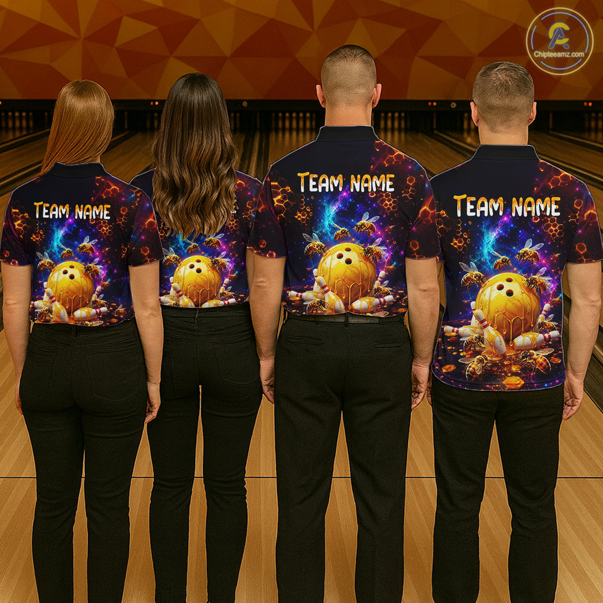 Four-person bowling team posing in matching dark cosmic shirts with honeycomb patterns, bees, dripping golden bowling balls, and custom name text.