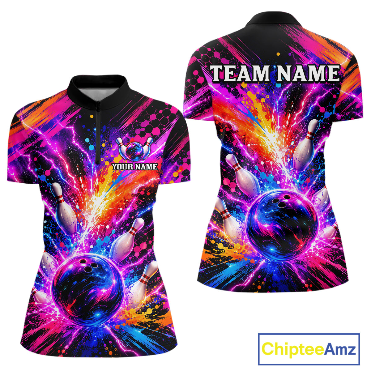 Custom Thunder Lightning Colorful Bowling Jersey for Women, Bowling Team Shirts Bowling League HNT691
