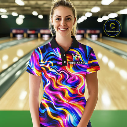 Custom Neon Wave Colorful Bowling Jersey for Women, Neon Bowling Team Shirts Bowling League HNT693
