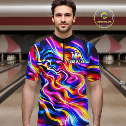 Custom Neon Wave Colorful Bowling Jersey for Men, Neon Bowling Team Shirts Bowling League HNT693