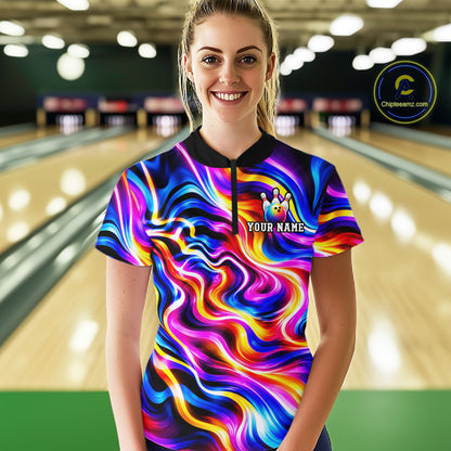 Custom Neon Wave Colorful Bowling Jersey for Women, Neon Bowling Team Shirts Bowling League HNT693