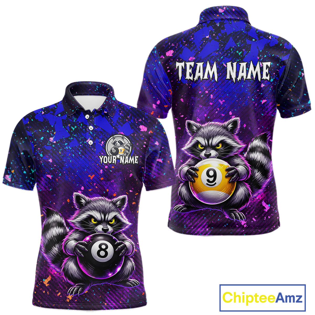 Front and back views of a purple and blue billiards polo shirt featuring a raccoon holding 8-ball and 9-ball graphics with custom team name text.