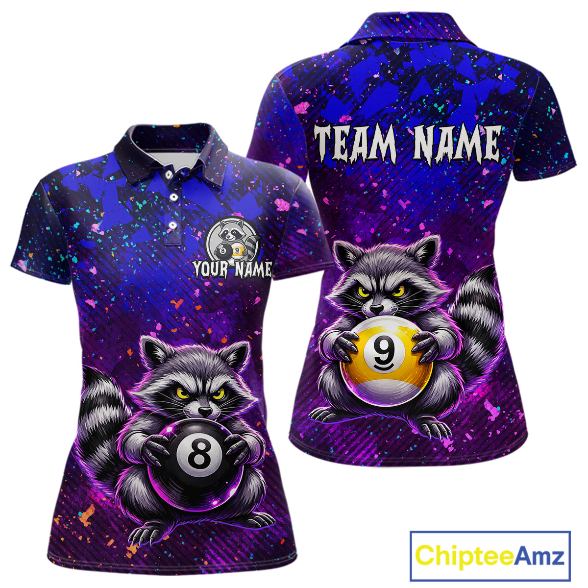 Front and back views of a purple and blue billiards polo shirt featuring a raccoon holding 8-ball and 9-ball graphics with custom team name text.