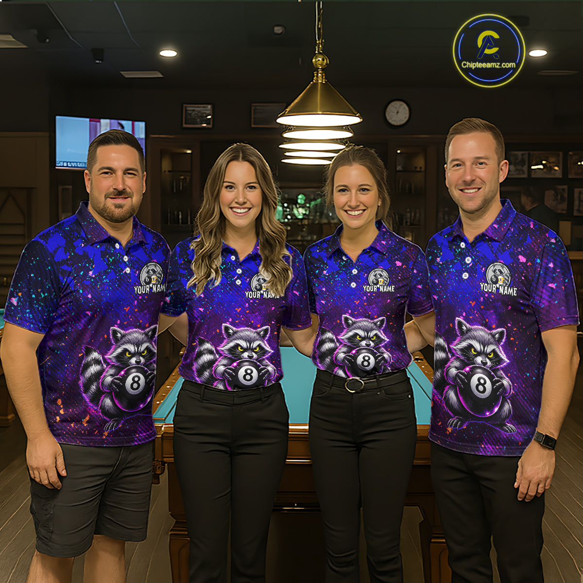 Four people wearing matching purple shirts with raccoon graphics in a bar setting.