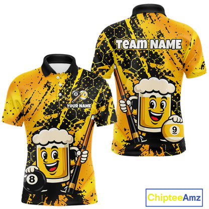 Custom pool team shirt featuring a cartoon beer mug character, 8-ball and 9-ball graphics, and personalized “TEAM NAME” and “YOUR NAME” text areas.