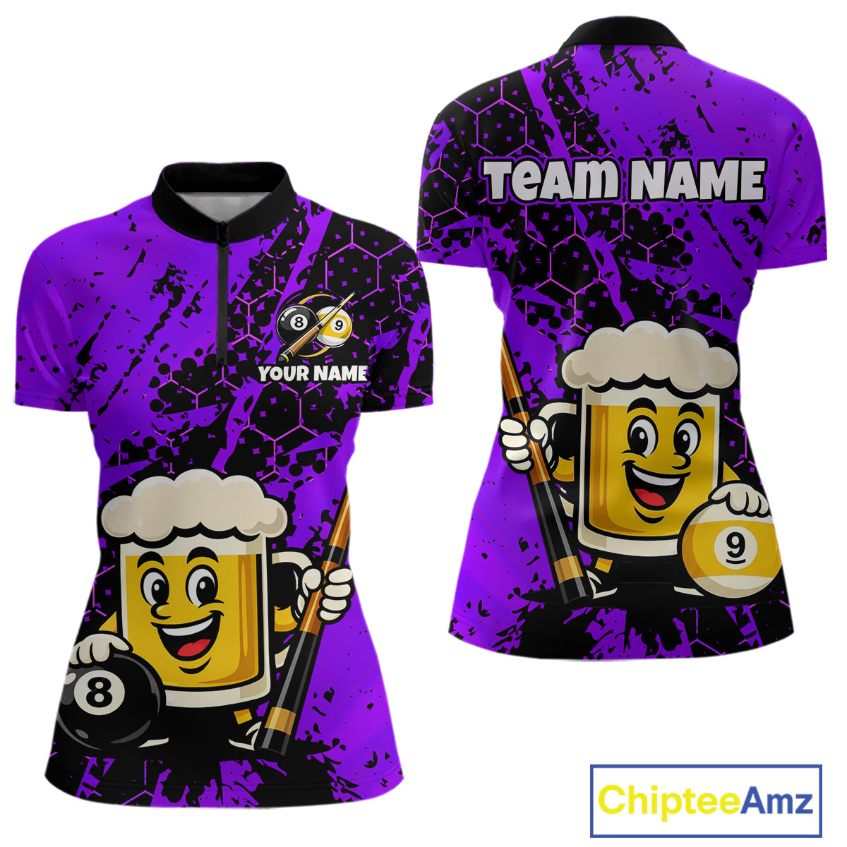 Custom pool team shirt featuring a cartoon beer mug character, 8-ball and 9-ball graphics, and personalized “TEAM NAME” and “YOUR NAME” text areas.
