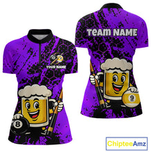 Load image into Gallery viewer, Custom pool team shirt featuring a cartoon beer mug character, 8-ball and 9-ball graphics, and personalized “TEAM NAME” and “YOUR NAME” text areas.