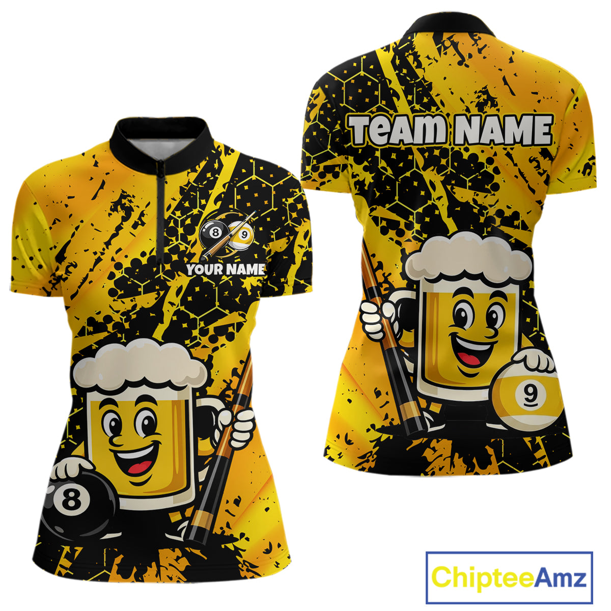 Custom pool team shirt featuring a cartoon beer mug character, 8-ball and 9-ball graphics, and personalized “TEAM NAME” and “YOUR NAME” text areas.