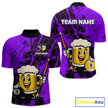 Custom pool team shirt featuring a cartoon beer mug character, 8-ball and 9-ball graphics, and personalized “TEAM NAME” and “YOUR NAME” text areas.