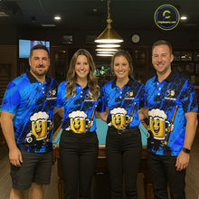 Load image into Gallery viewer, Four people wearing a bright blue billiards polo with black splatter graphics, custom “YOUR NAME” text, and a smiling beer mug mascot holding a pool cue.