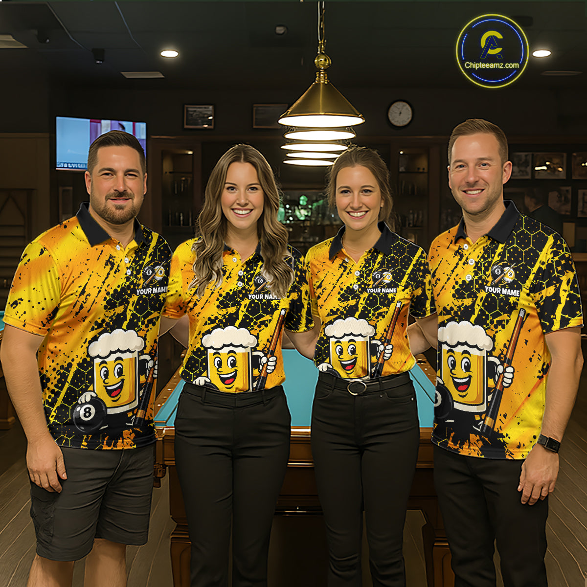 Four people wearing a bright yellow billiards polo with black splatter graphics, custom “YOUR NAME” text, and a smiling beer mug mascot holding a pool cue.