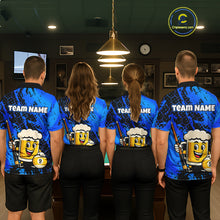 Load image into Gallery viewer, Four people wearing a bright blue billiards polo with black splatter graphics, custom “TEAM NAME” text, and a smiling beer mug mascot holding a pool cue.