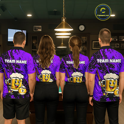 Four teammates in a billiards hall wearing matching purple funny beer-themed pool polos, sleeve name text, and large 9-ball graphics.