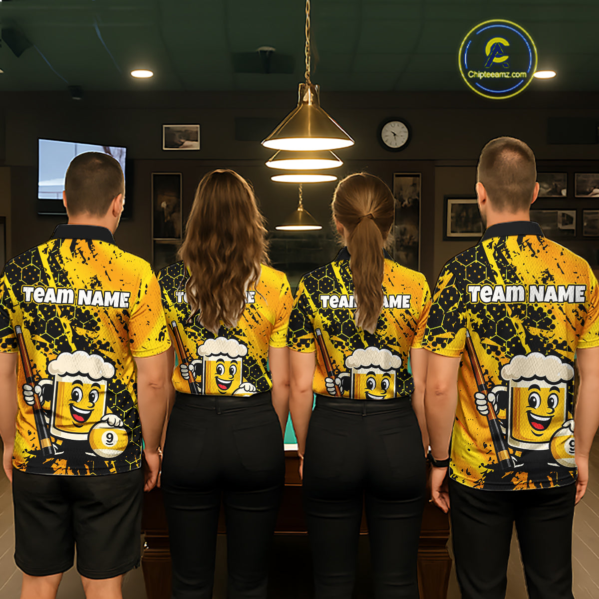 Four teammates in a billiards hall wearing matching yellow funny beer-themed pool polos, sleeve name text, and large 9-ball graphics.