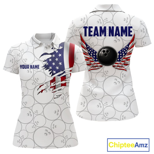 Front and back views of a white short-sleeve polo shirt with a bowling-themed design. The shirt features a repeating gray bowling ball pattern, a torn American flag graphic on the front, a black bowling ball with red and blue wings on the back, and customizable text placeholders 'YOUR NAME' and 'TEAM NAME'.