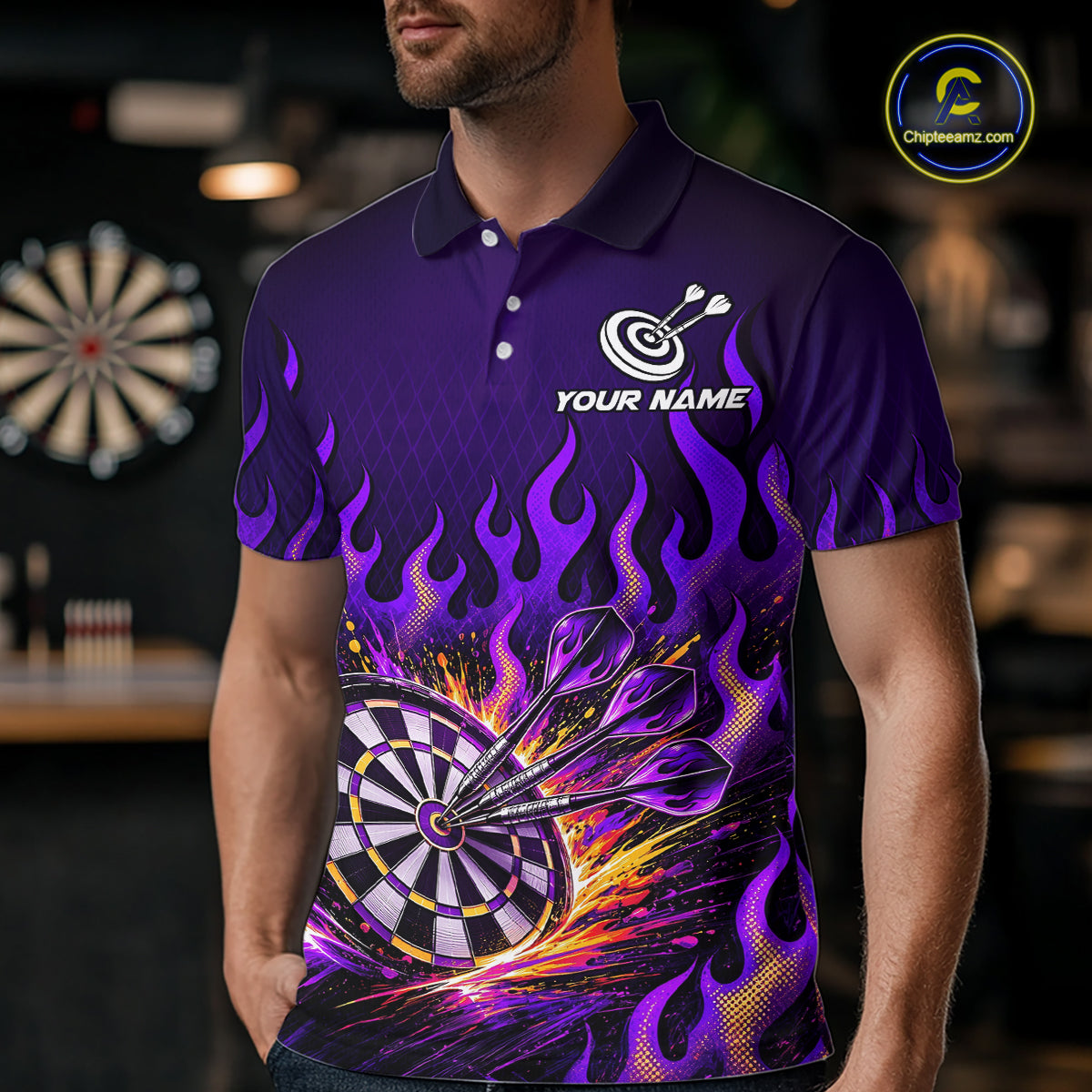 Custom Purple Flaming Dart Shirts for Men Dart Team Jerseys Darts League Dartboard Shirt NNT344
