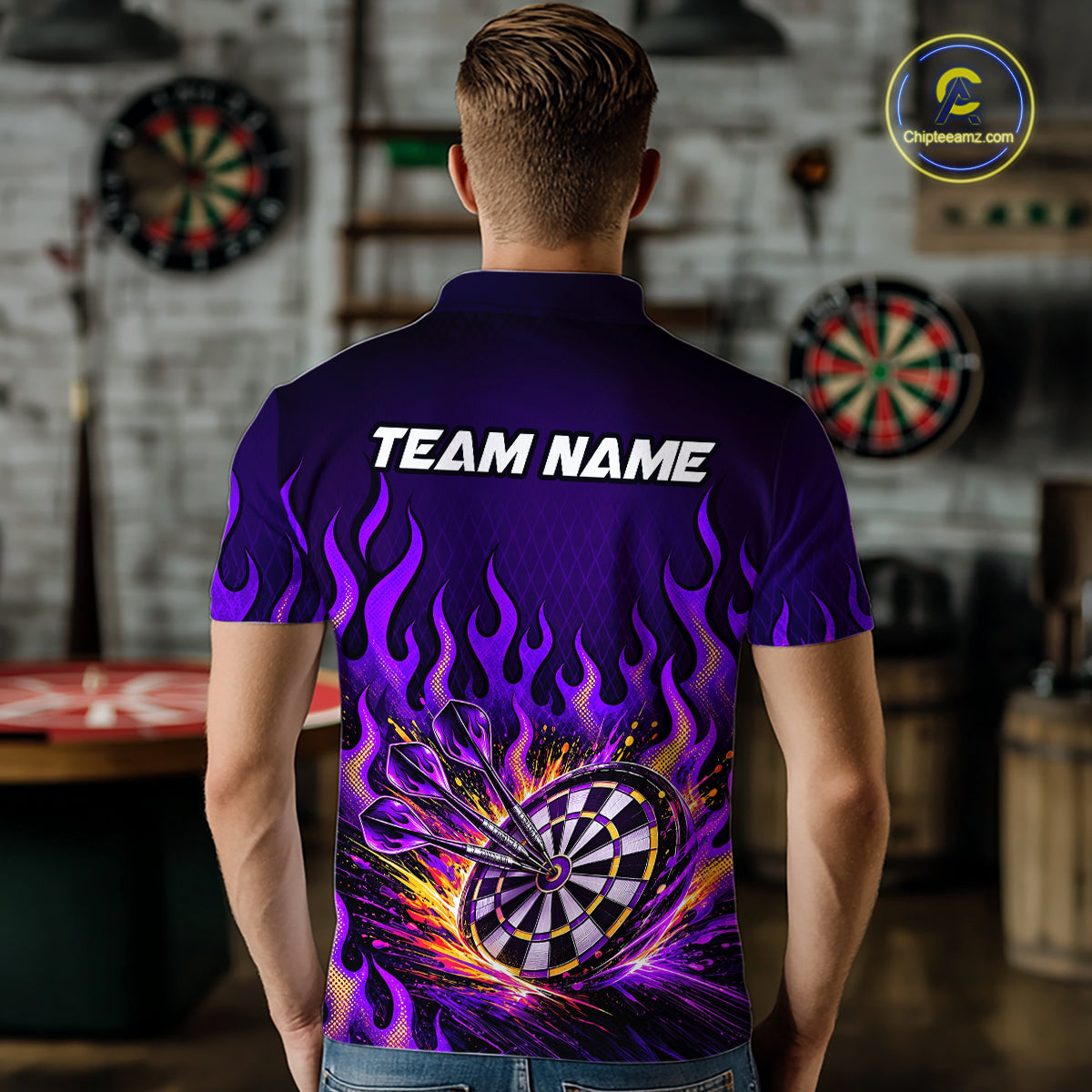 Custom Purple Flaming Dart Shirts for Men Dart Team Jerseys Darts League Dartboard Shirt NNT344