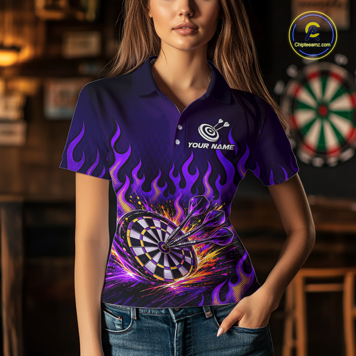 Custom Purple Flaming Dart Shirts for Women Dart Team Jerseys Darts League Dartboard Shirt NNT344