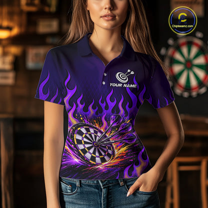 Custom Purple Flaming Dart Shirts for Women Dart Team Jerseys Darts League Dartboard Shirt NNT344
