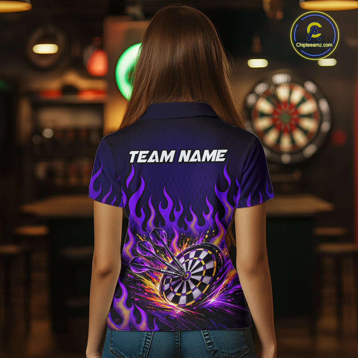 Custom Purple Flaming Dart Shirts for Women Dart Team Jerseys Darts League Dartboard Shirt NNT344