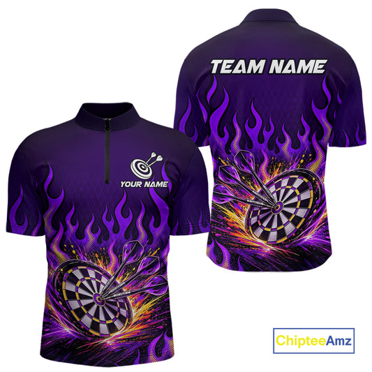 Custom Purple Flaming Dart Shirts for Men Dart Team Jerseys Darts League Dartboard Shirt NNT344