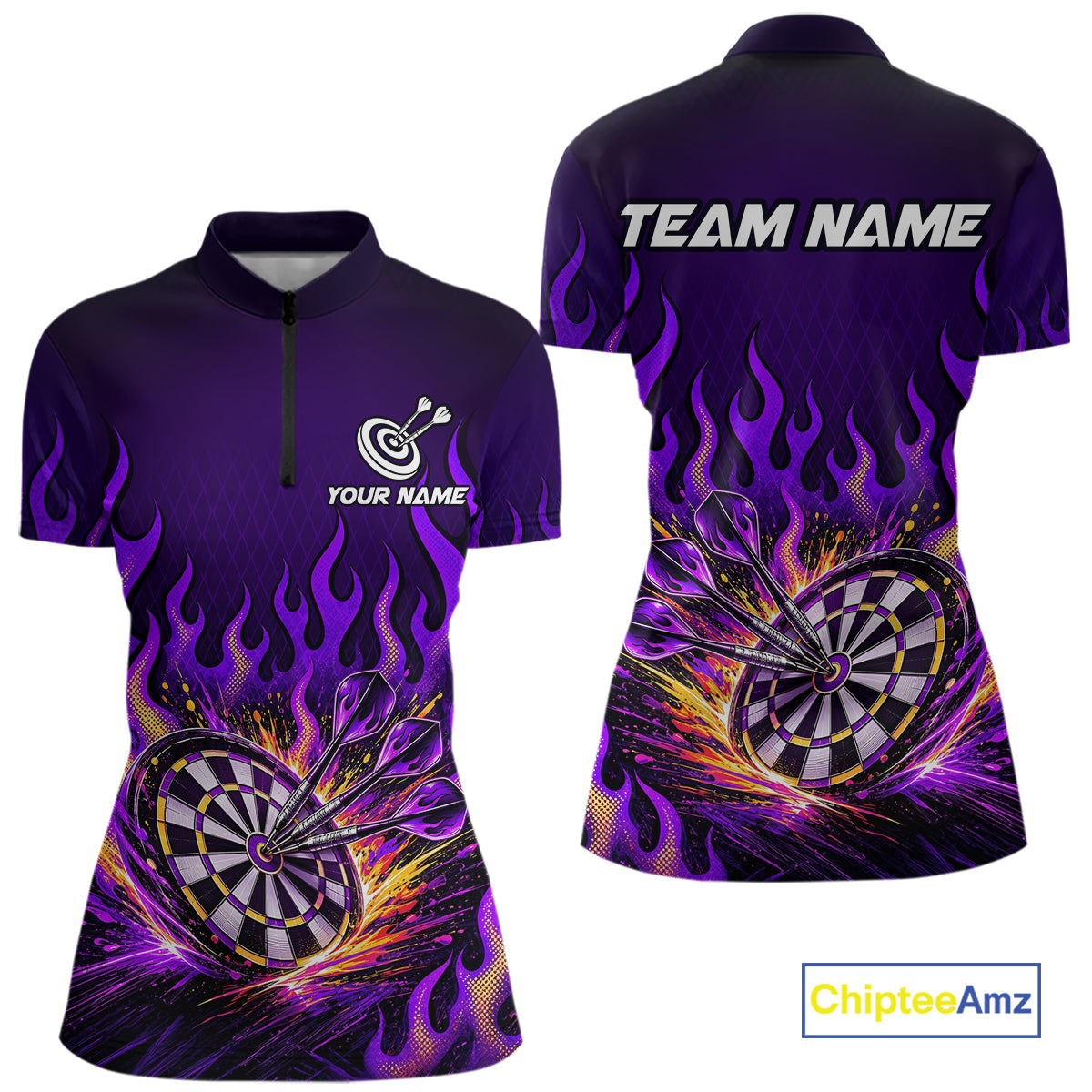 Custom Purple Flaming Dart Shirts for Women Dart Team Jerseys Darts League Dartboard Shirt NNT344