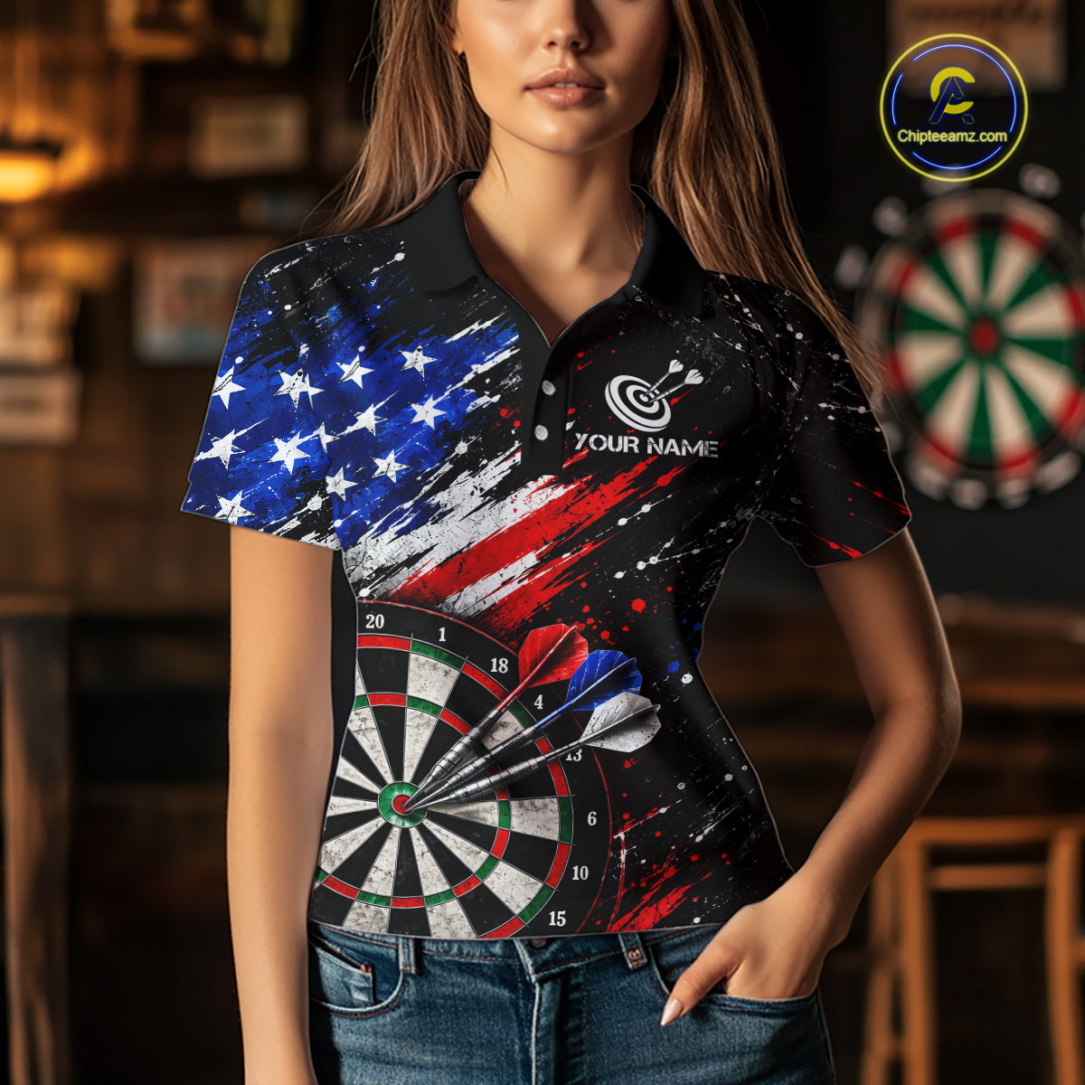 Custom Grunge US Flag Dart Shirts for Women Dart Team Jerseys Darts League Dartboard Shirt NNT345