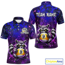 Load image into Gallery viewer, Polo shirt with raccoon holding a pool ball design on a purple and blue gradient background, featuring 'Chiptee Amz' branding.