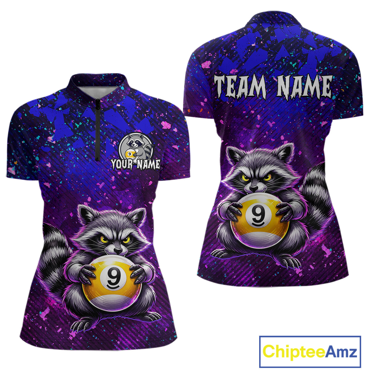 Purple polo shirt with raccoon design and customizable text on a white background