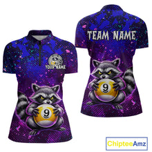 Load image into Gallery viewer, Purple polo shirt with raccoon design and customizable text on a white background