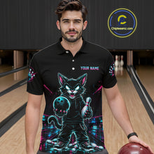 Load image into Gallery viewer, A man wearing a black short-sleeve bowling jersey with a neon cat graphic holding bowling balls and pins, set against a bowling alley background. The jersey features a mock zipper at the collar and customizable text on the chest.