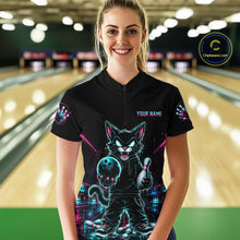 Load image into Gallery viewer, A woman stands in a bowling alley wearing a black short-sleeve bowling shirt with a colorful neon cat graphic and the text 'YOUR NAME' on the chest. A circular 'ChicStyles.