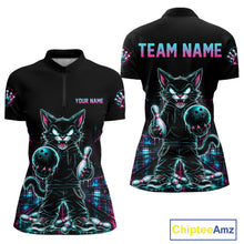 Load image into Gallery viewer, Black short-sleeve polo shirt shown from front and back with a neon bowling-themed cat graphic, customizable text placeholders, and a ChipteeAmz logo in the corner.
