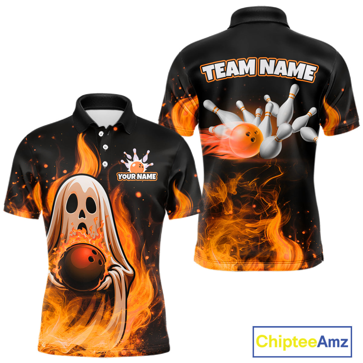 Custom Orange Funny Ghost Halloween Bowling Jersey for Men Polo & 1/4 Zip Bowling Team Shirts HNT468