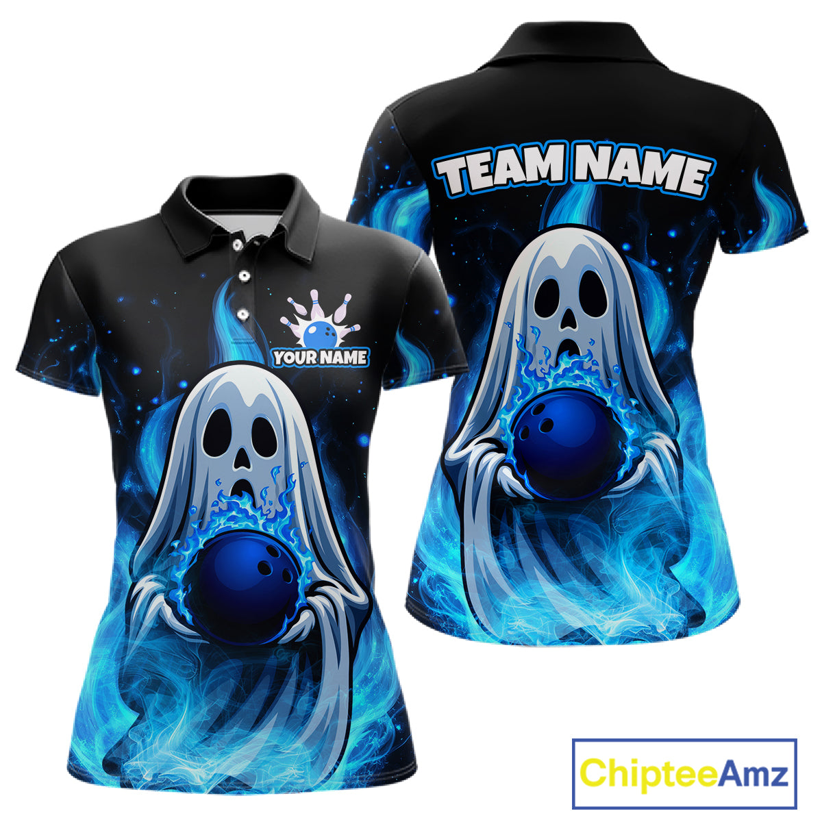 Custom Blue Flame Ghost Bowling Team Shirts, Bowling Shirts For Women Bowling Jersey HNT466