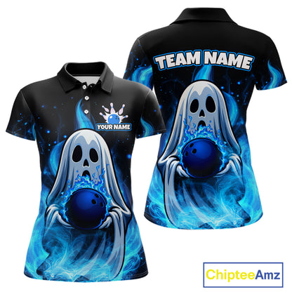 Custom Blue Flame Ghost Bowling Team Shirts, Bowling Shirts For Women Bowling Jersey HNT466