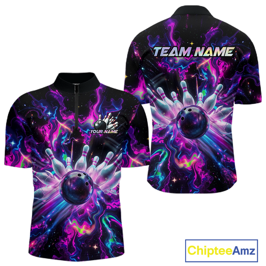 Custom Watercolor Pink Purple Bowling Jersey for Men Bowling Team Shirts Polo & 1/4 Zip HNT268