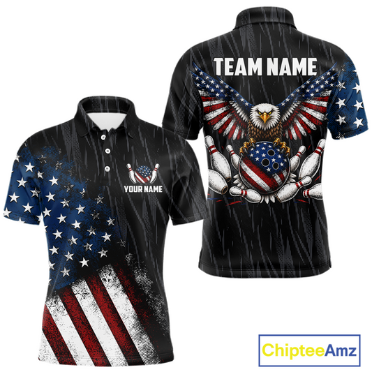 Front and back views of a black patriotic bowling polo shirt featuring distressed American flag graphics, custom team and player name text, and a bald eagle with spread wings above a flag-themed bowling ball and pins.