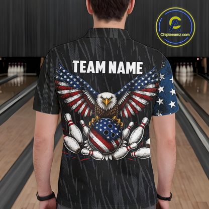 Man wearing a black patriotic bowling polo shirt featuring distressed American flag graphics, custom team and player name text, and a bald eagle with spread wings above a flag-themed bowling ball and pins.