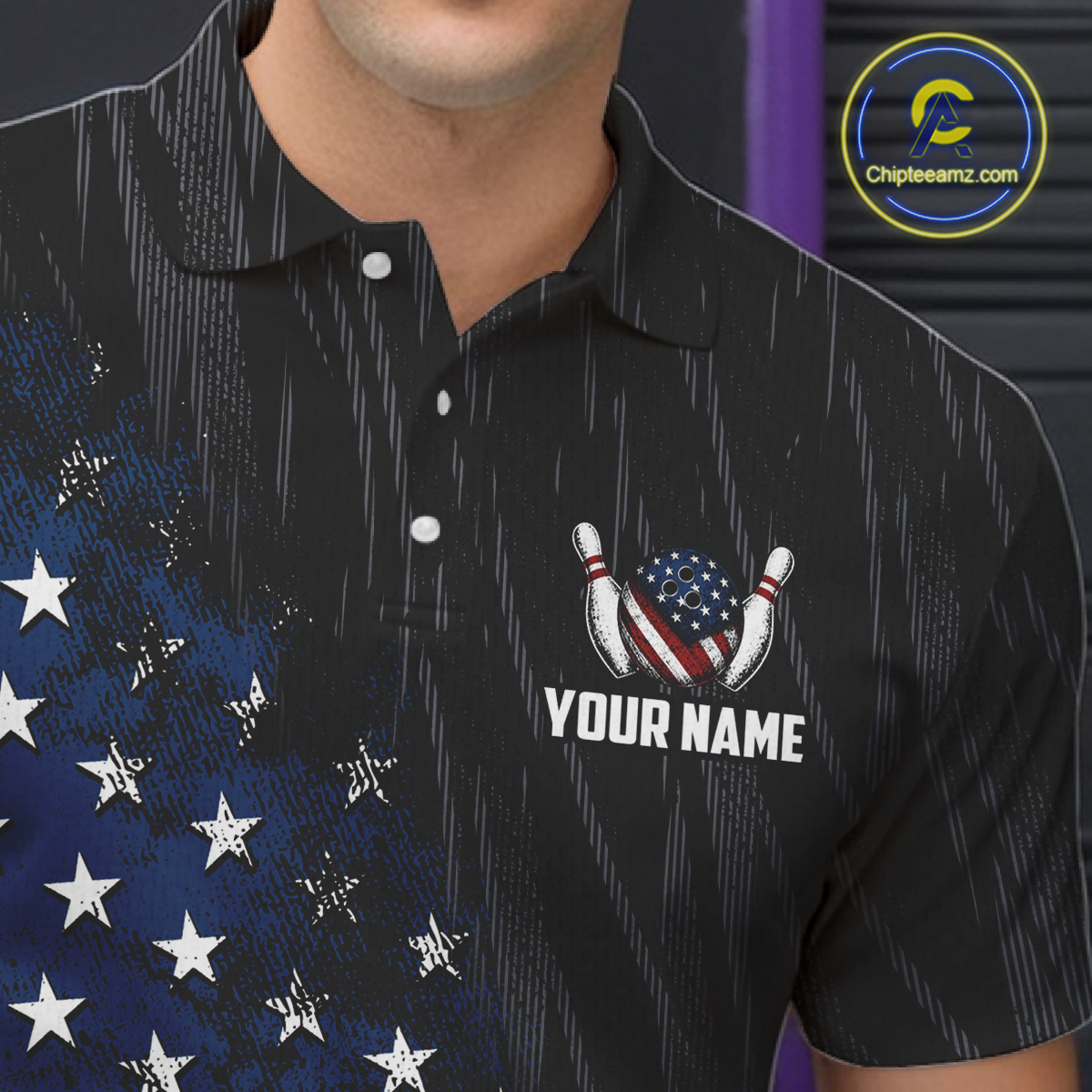 Black polo shirt with American flag design and customizable text on a dark background