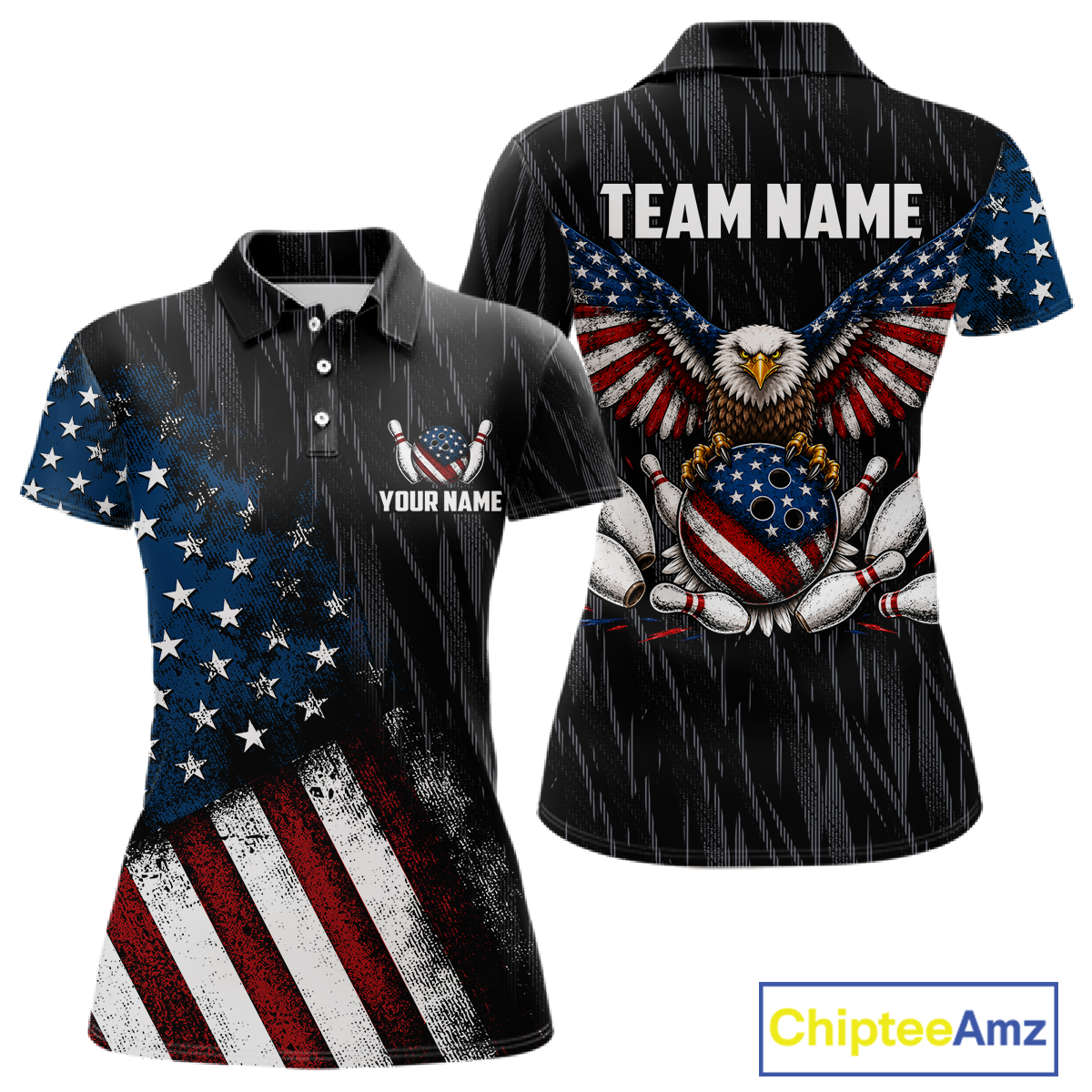 Front and back views of a black patriotic bowling quarter zip shirt featuring distressed American flag graphics, custom team and player name text, and a bald eagle with spread wings above a flag-themed bowling ball and pins.