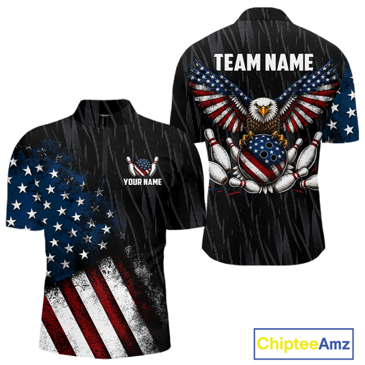 Front and back views of a black patriotic bowling quarter zip shirt featuring distressed American flag graphics, custom team and player name text, and a bald eagle with spread wings above a flag-themed bowling ball and pins.