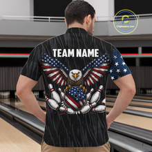 Load image into Gallery viewer, Man wearing a black patriotic bowling quarter zip shirt featuring distressed American flag graphics, custom team and player name text, and a bald eagle with spread wings above a flag-themed bowling ball and pins.