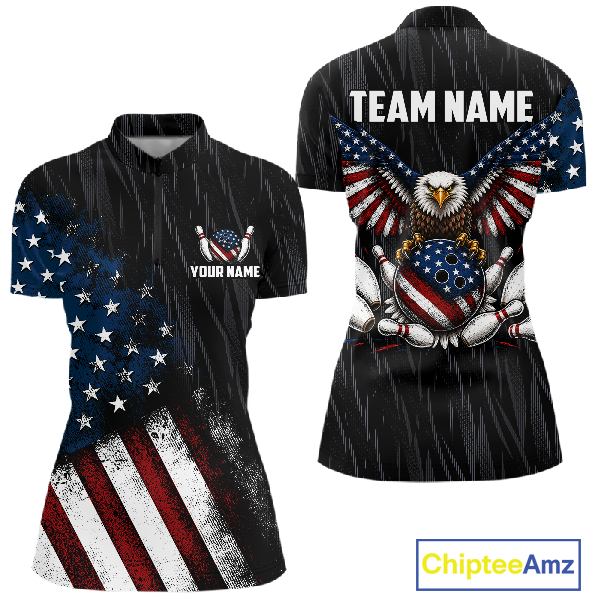 Front and back views of a black patriotic bowling polo shirt featuring distressed American flag graphics, custom team and player name text, and a bald eagle with spread wings above a flag-themed bowling ball and pins.
