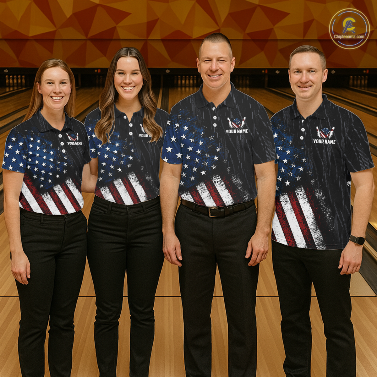 Four people wearing black patriotic bowling polo shirt featuring distressed American flag graphics, custom player name text, and a bald eagle with spread wings above a flag-themed bowling ball and pins.