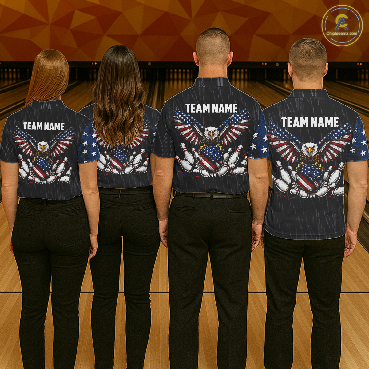 Four people wearing black patriotic bowling polo shirt featuring distressed American flag graphics, custom team name text, and a bald eagle with spread wings above a flag-themed bowling ball and pins.