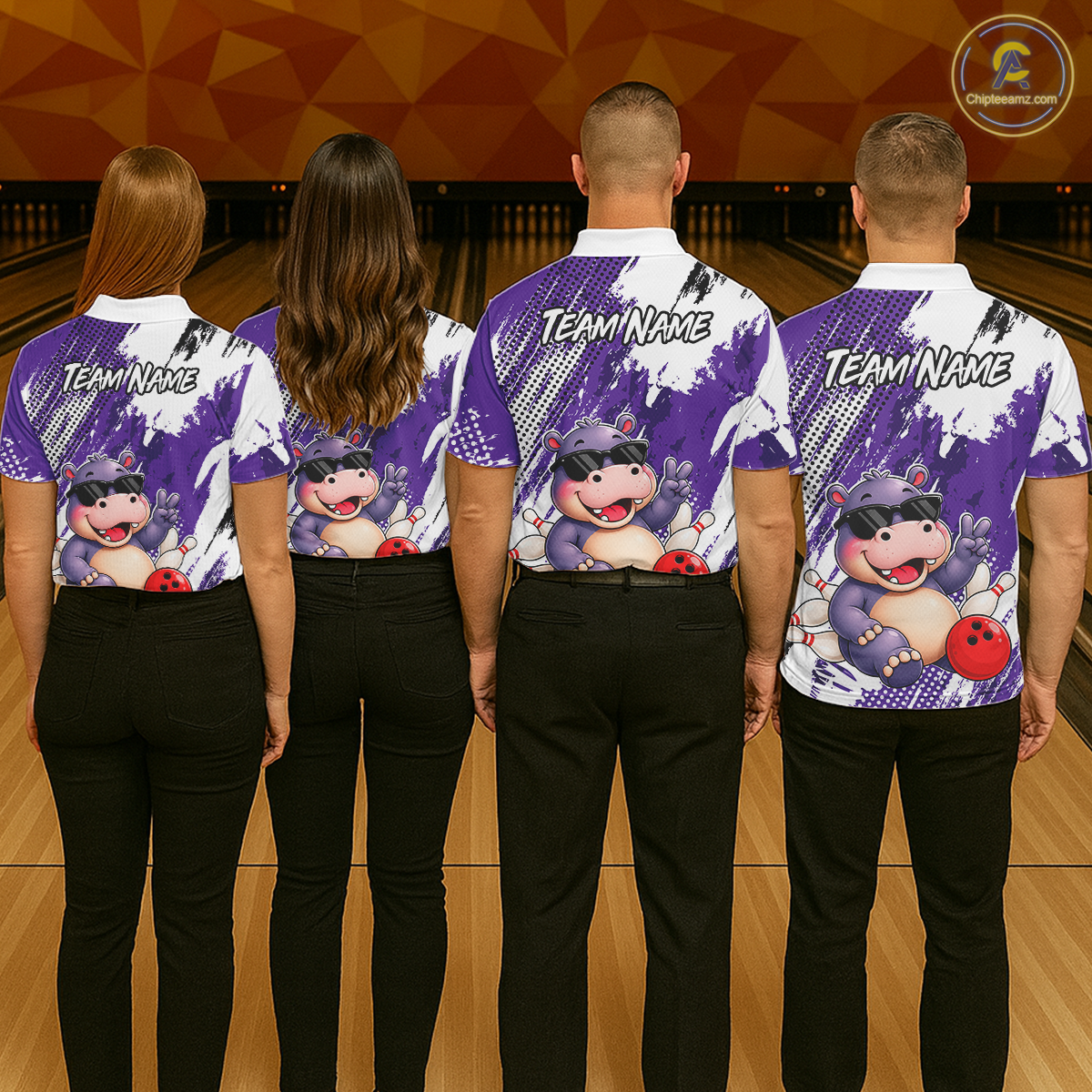 Four people wearing smiling hippo in sunglasses, bowling pins, and a red bowling ball and custom team name text.