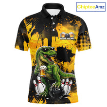 Load image into Gallery viewer, Front  views of a black bowling polo featuring a green T-Rex wearing sunglasses, holding a beer mug, standing with bowling pins and a bowling ball, plus personalized name and team name text.