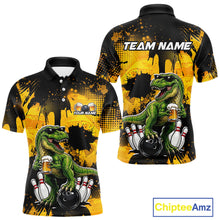 Load image into Gallery viewer, Front and back views of a black bowling polo featuring a green T-Rex wearing sunglasses, holding a beer mug, standing with bowling pins and a bowling ball, plus personalized name and team name text.