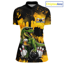Load image into Gallery viewer, Front bowling quarter zip shirt featuring a dinosaur holding beer with bowling pins and ball artwork on black yellow background.